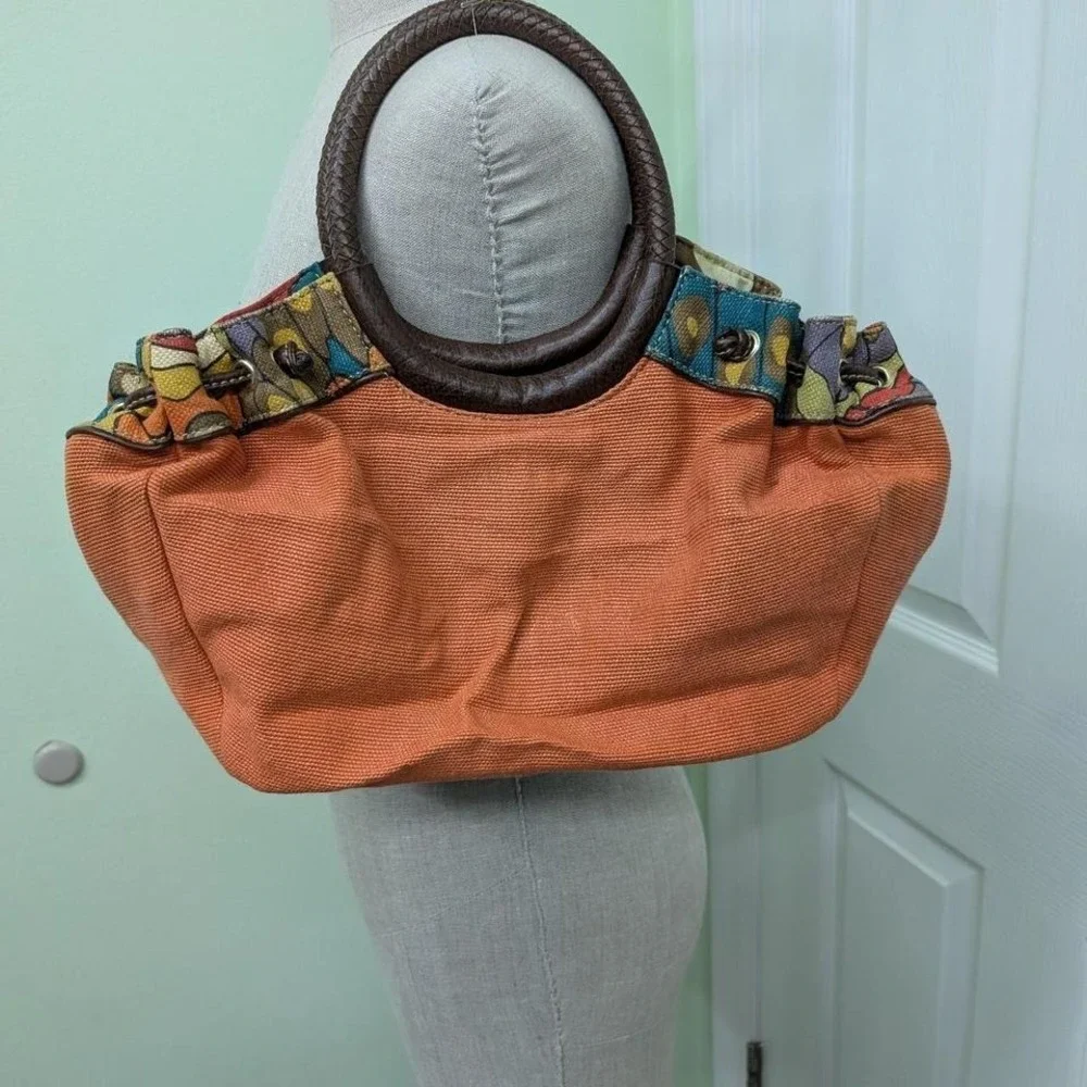 Relic orange‎ canvas purse with brown leather trim and colorful fabric